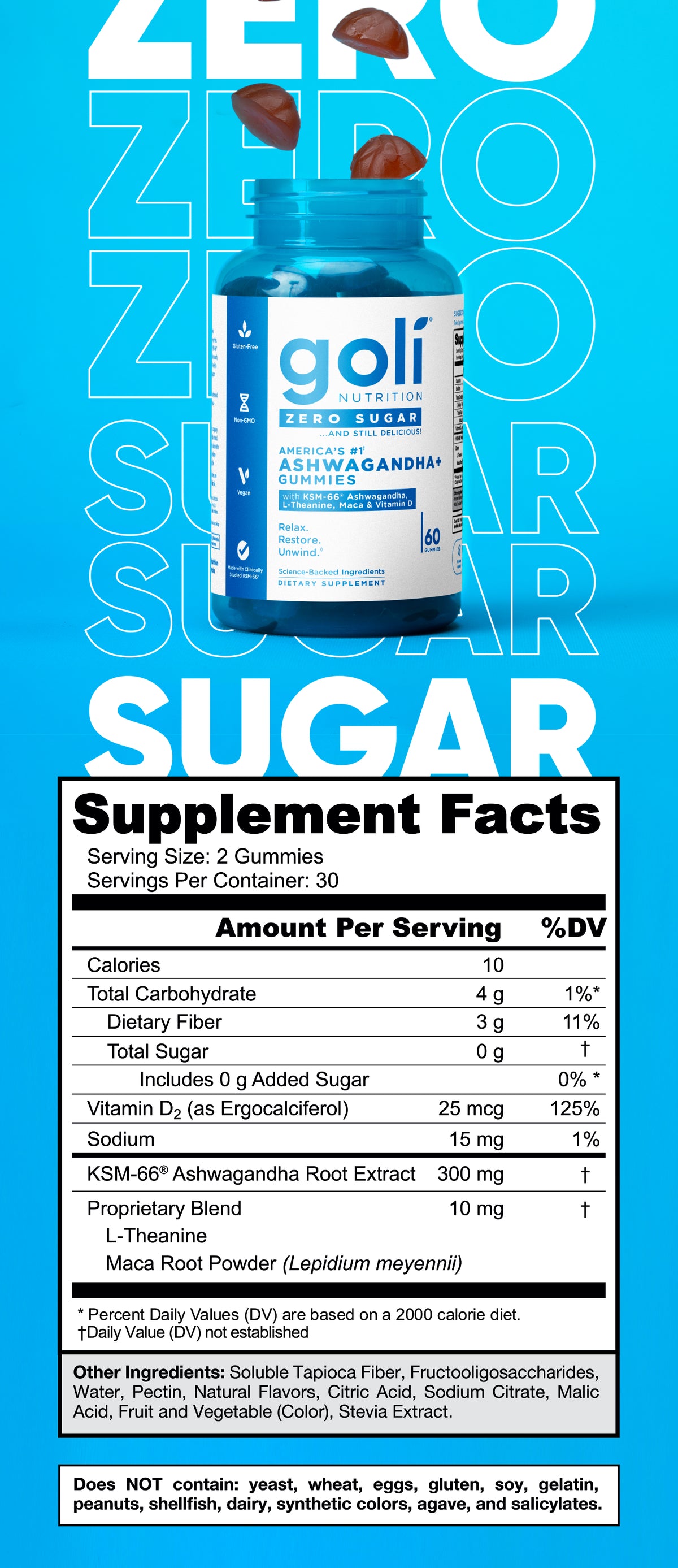 Goli Zero Sugar Ashwagandha+ Gummies bottle and Supplement Facts