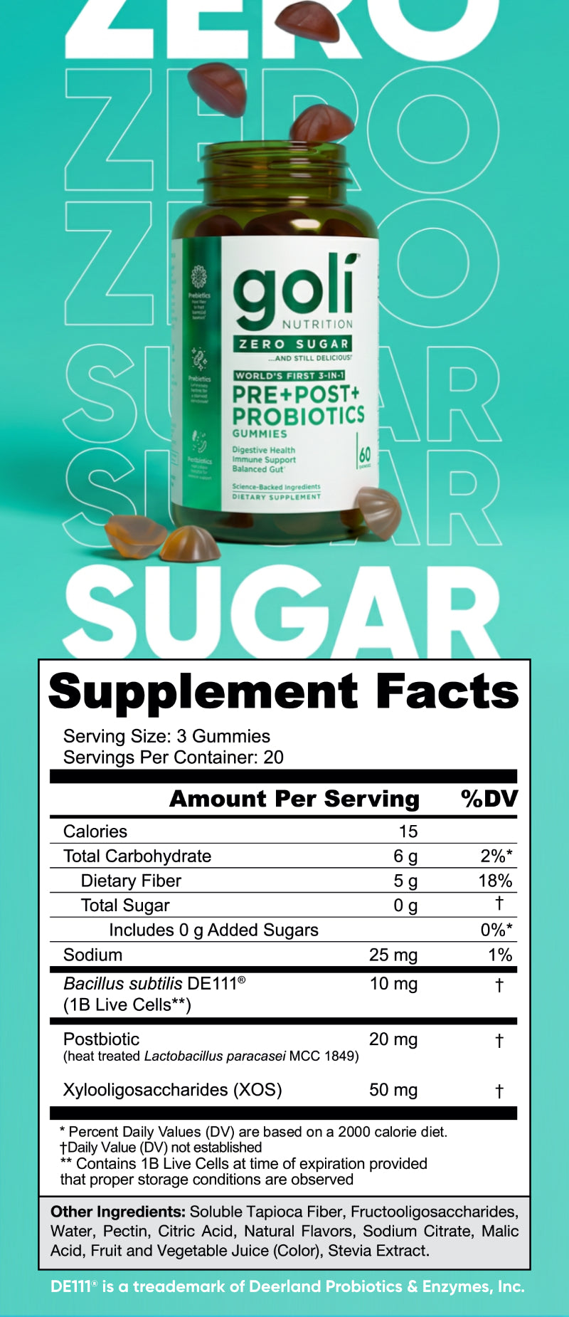 Goli Zero Sugar Pre+Post+Probiotics Gummies bottle and Supplement Facts